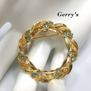 Vintage Wreath Brooch, Signed Gerry's, Light Blue Rhinestones, 1960s Jewelry
